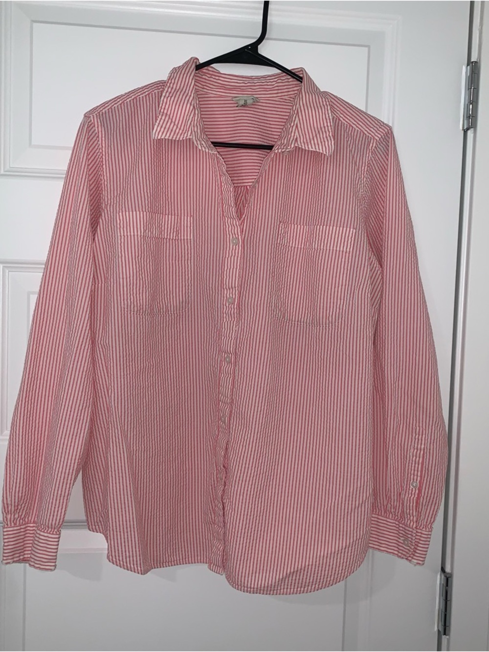 L.L. Bean Pink and White Striped Casual Button-Down Shirt